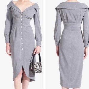 STAUD Gray Off-Shoulder Button-Front Midi Dress